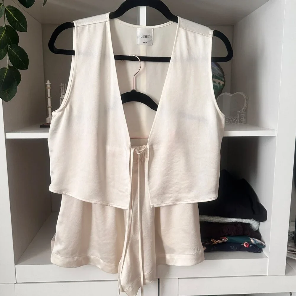 LESET Cream Satin Lounge Set Vest & Shorts XS Minimalist Luxe Sleepwear - Picture 2 of 8